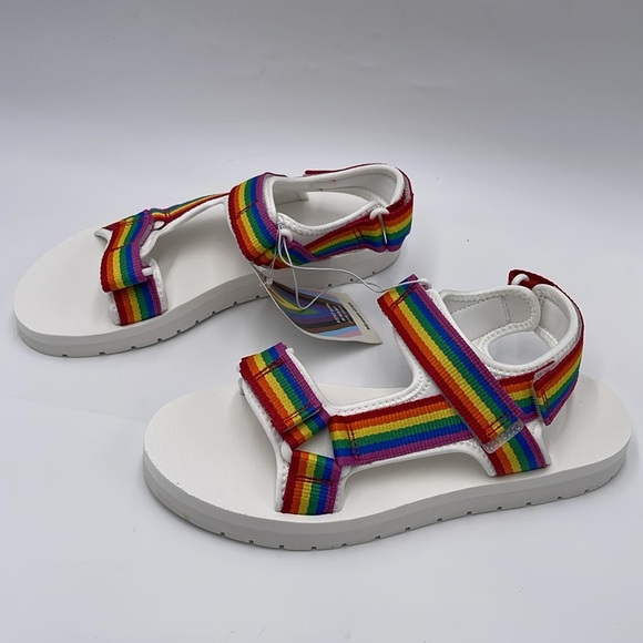 NWT Striped Rainbow Adjustable Strap White Sandals - Size W9/M7 - Picture 4 of 11